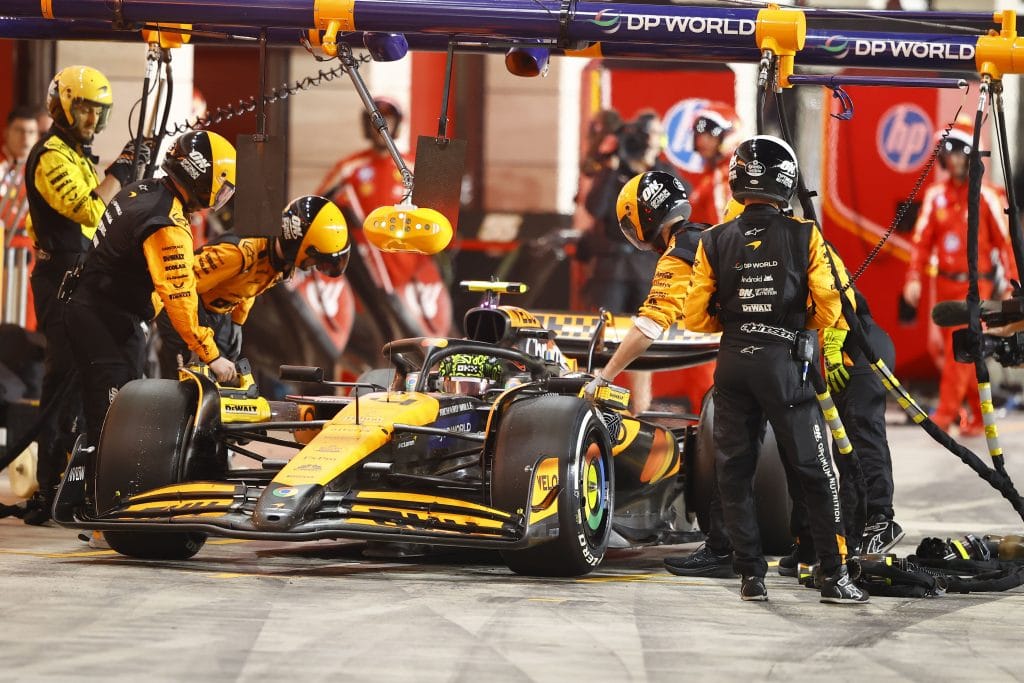 Oscar Piastri celebrates Qatar sprint qualifying pole position with McLaren team