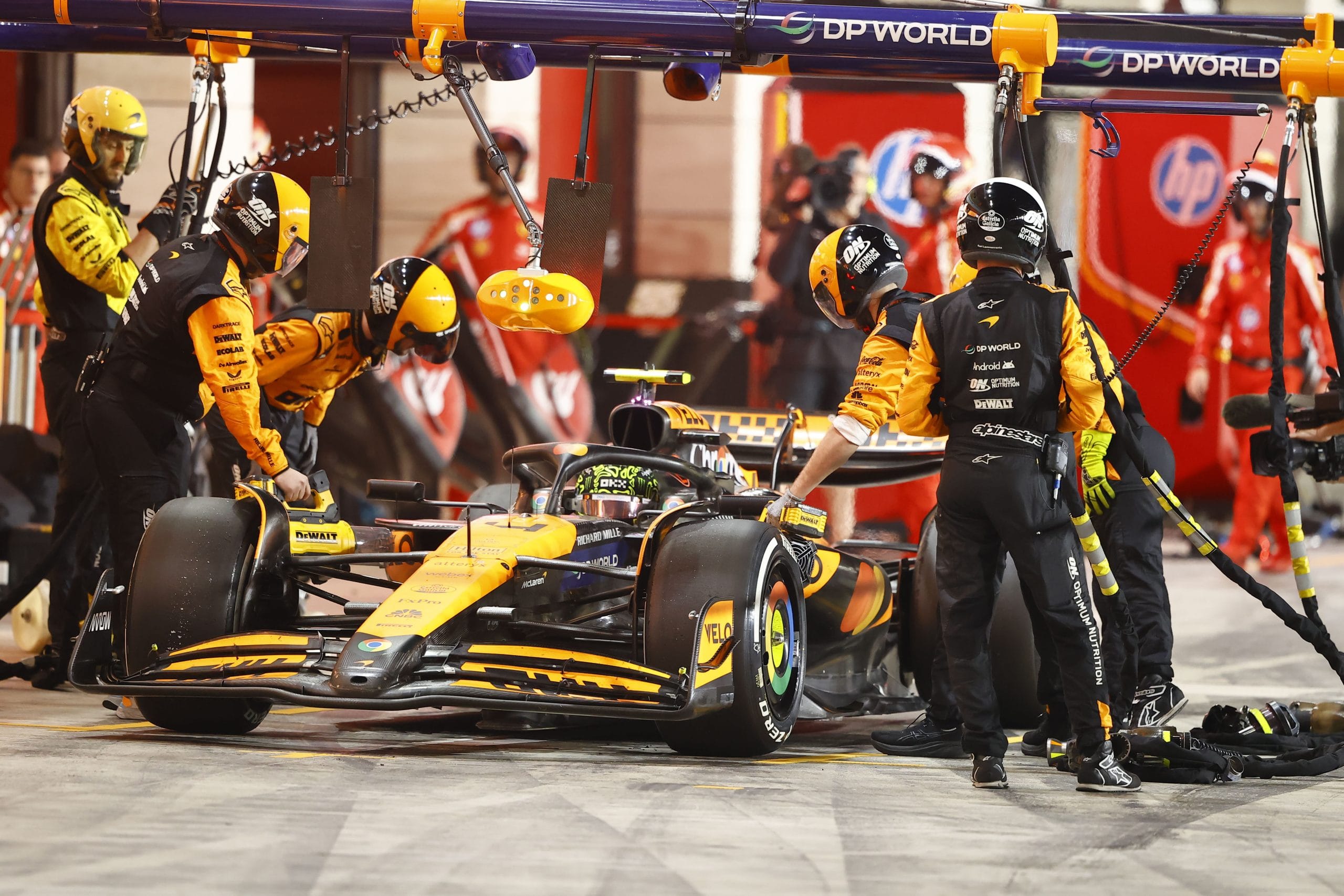 Oscar Piastri celebrates Qatar sprint qualifying pole position with McLaren team