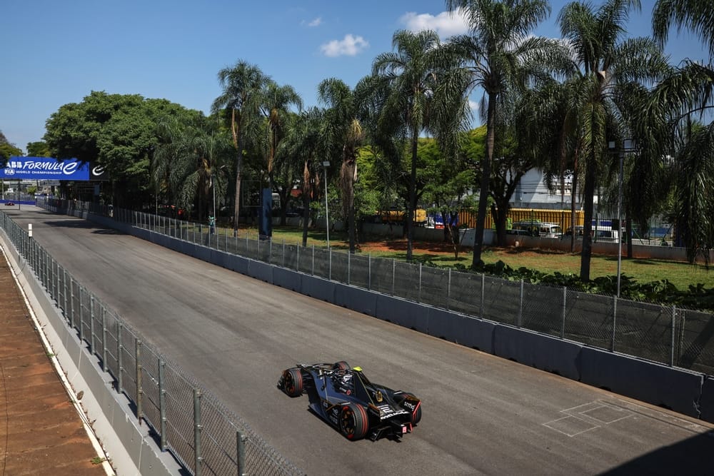 Jake Dennis celebrating São Paulo E-Prix victory on podium in Brazil
