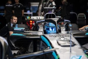 Mercedes F1 car with three-pointed star logo at 2025 Qatar Grand Prix