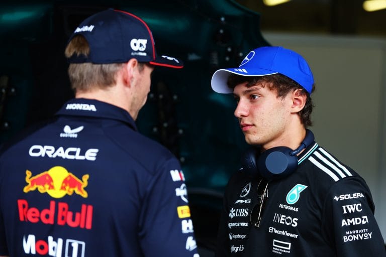 Kimi Antonelli embraces Max Verstappen in media pen after Abu Dhabi Grand Prix