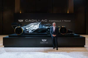 Cadillac F1 test livery displayed at Detroit headquarters showing monochrome design