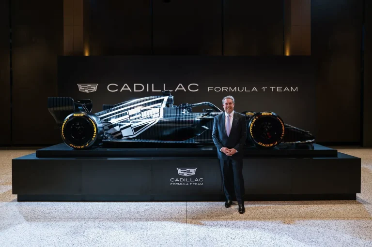 Cadillac F1 test livery displayed at Detroit headquarters showing monochrome design